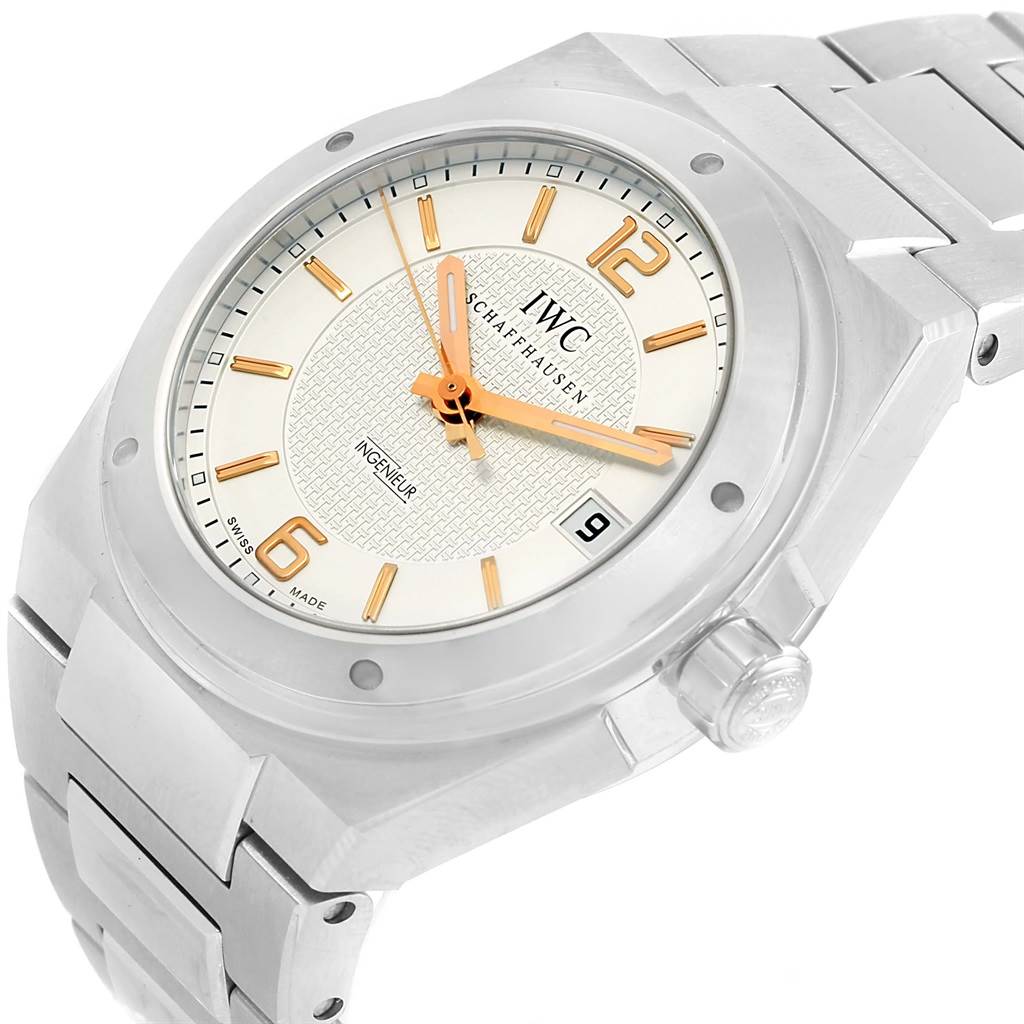 The IWC Ingenieur IW322801 Men's Stainless Steel Silver Dial IW322801 Men's Stainless Steel Silver Dial watch is shown at a slightly tilted angle, displaying the face, bracelet, and crown details.