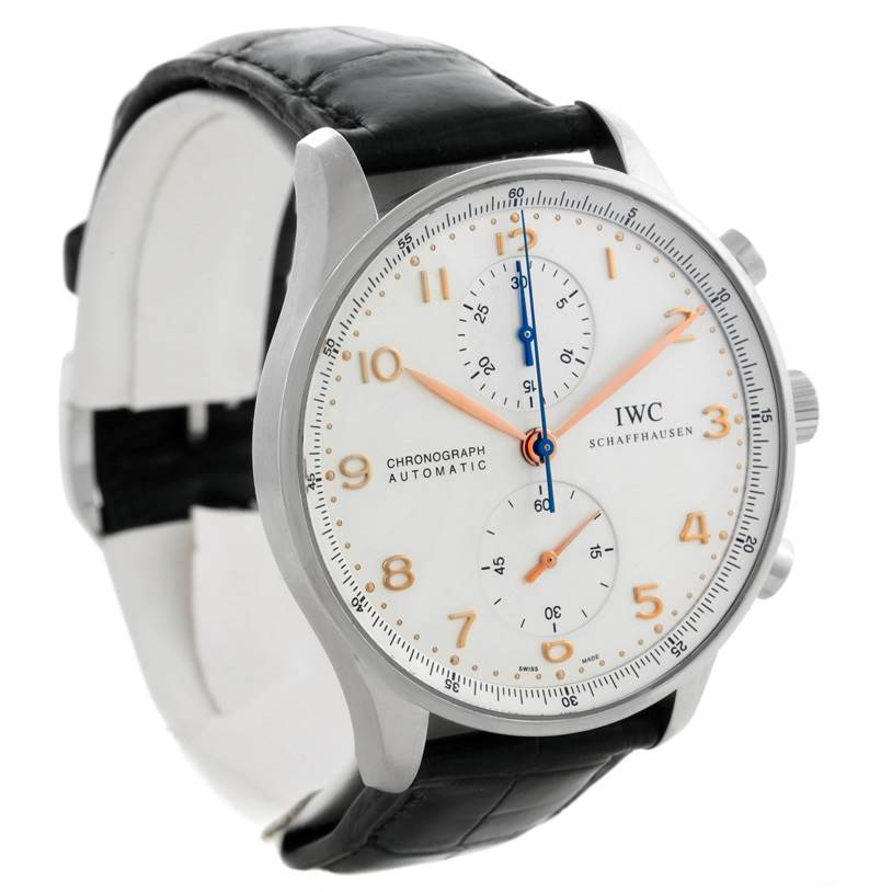 The image shows an angled view of the IWC Portuguese IW371445 Men's Stainless Steel Silver Dial IW371445 Men's Stainless Steel Silver Dial Chronograph Automatic watch, highlighting its dial, subdials, and leather strap.