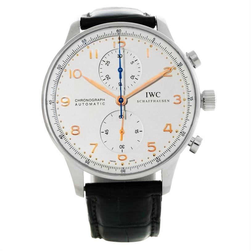 The image shows a front view of an IWC Portuguese IW371445 Men's Stainless Steel Silver Dial IW371445 Men's Stainless Steel Silver Dial chronograph watch, displaying its dial, hands, subdials, and leather strap.