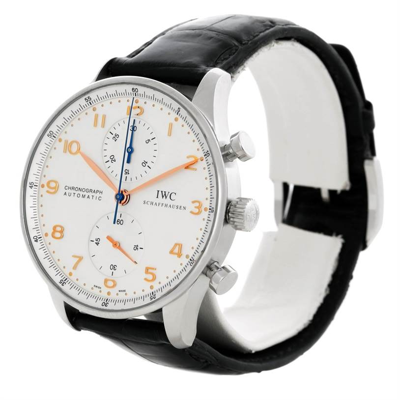 The image shows a front-side view of the IWC Portuguese IW371445 Men's Stainless Steel Silver Dial IW371445 Men's Stainless Steel Silver Dial chronograph watch, highlighting the dial, hands, crown, and chronograph pushers.
