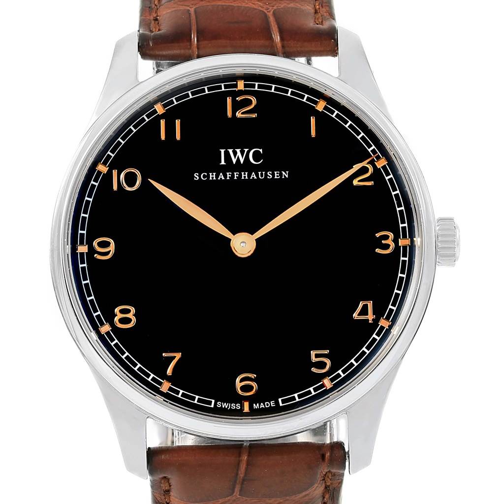 The image shows a straight-on view of an IWC Ingenieur IW570302 Men's Stainless Steel Black Dial IW570302 Men's Stainless Steel Black Dial watch with a black dial, silver case, and brown leather strap.