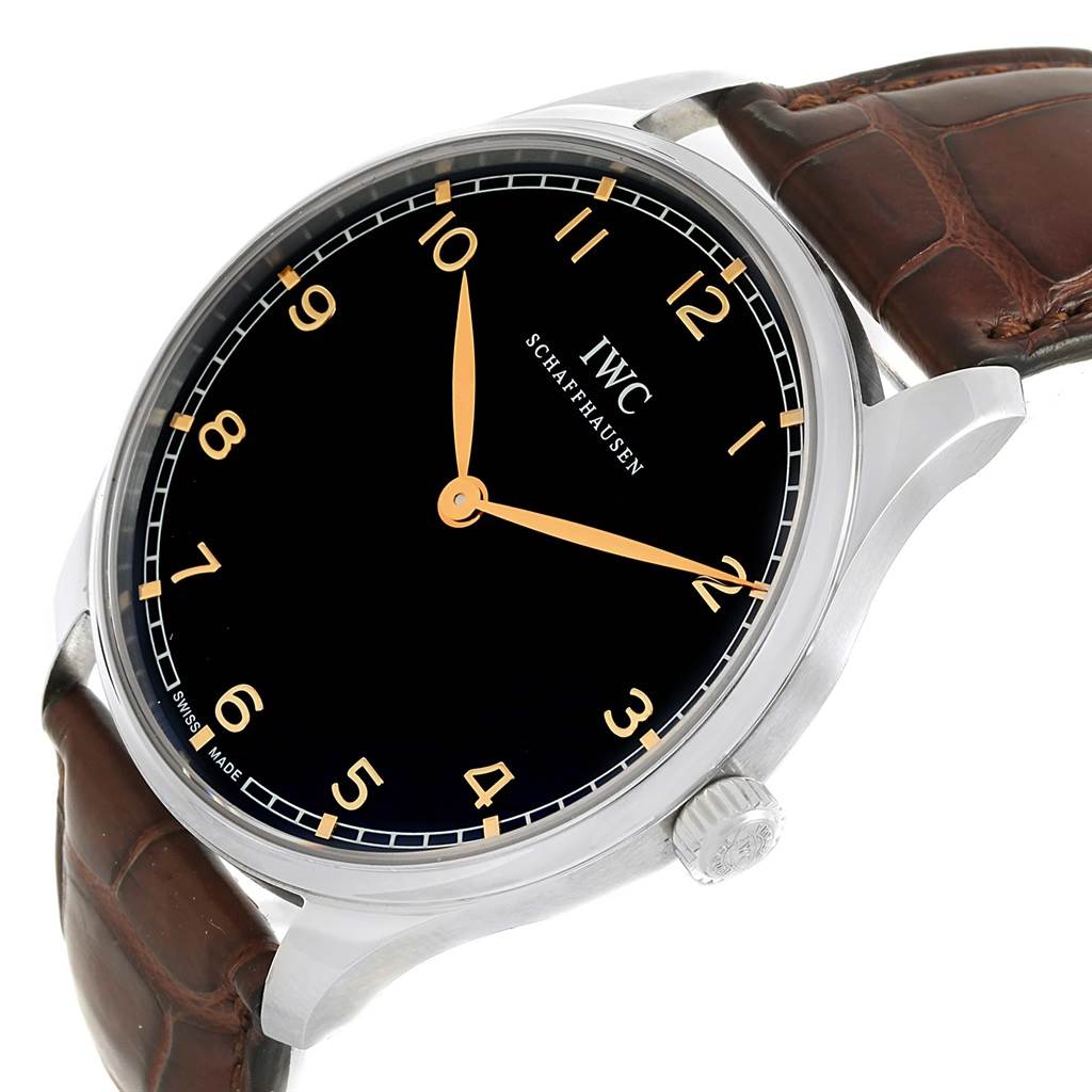 The IWC Ingenieur IW570302 Men's Stainless Steel Black Dial IW570302 Men's Stainless Steel Black Dial watch is shown at an angled side view featuring the dial, hands, and a portion of the leather strap.