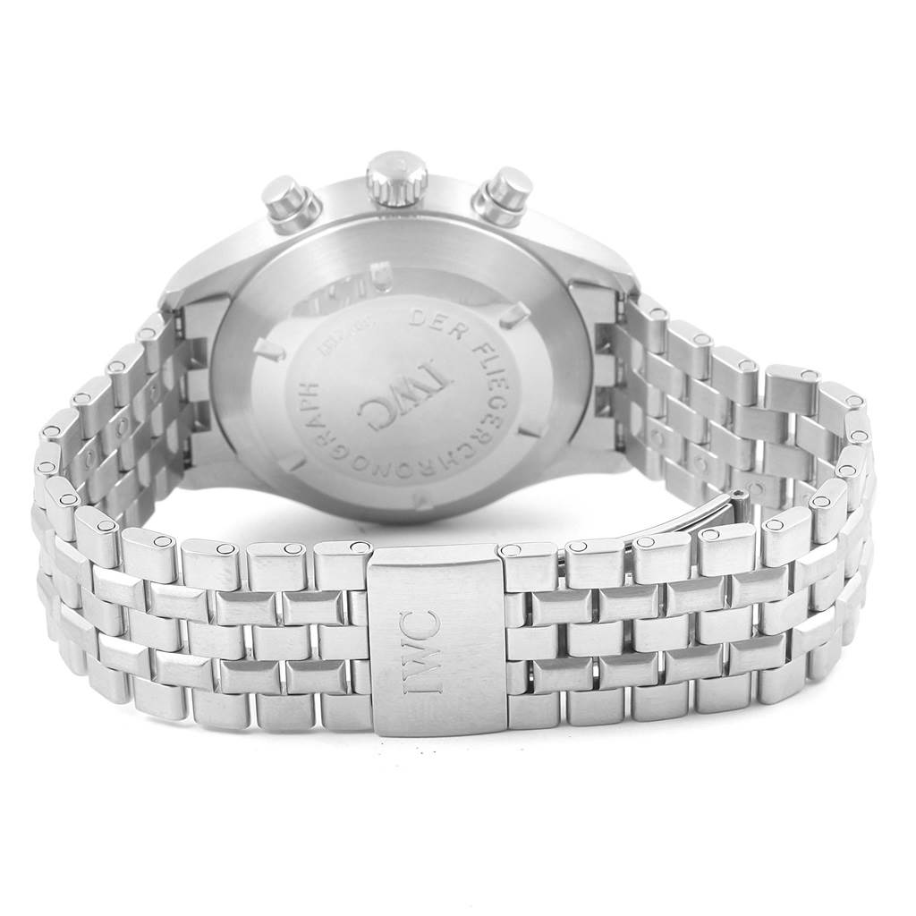 The image shows the back and bracelet of an IWC Pilot IW370618 Men's Stainless Steel Black Dial IW370618 Men's Stainless Steel Black Dial model watch from a rear angle.