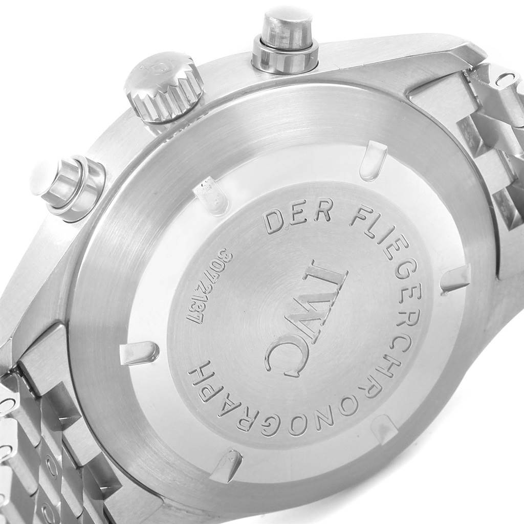 The image shows the back case, crown, and chronograph buttons of an IWC Pilot IW370618 Men's Stainless Steel Black Dial IW370618 Men's Stainless Steel Black Dial model watch.