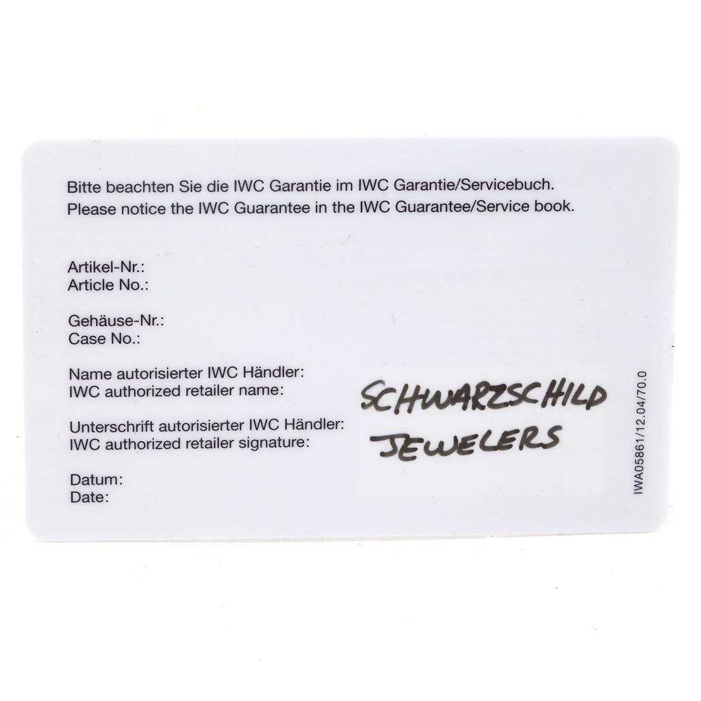 The image shows a guarantee card for the IWC Pilot IW370618 Men's Stainless Steel Black Dial IW370618 Men's Stainless Steel Black Dial model watch, detailing retailer information and leaving spaces for article and case numbers.