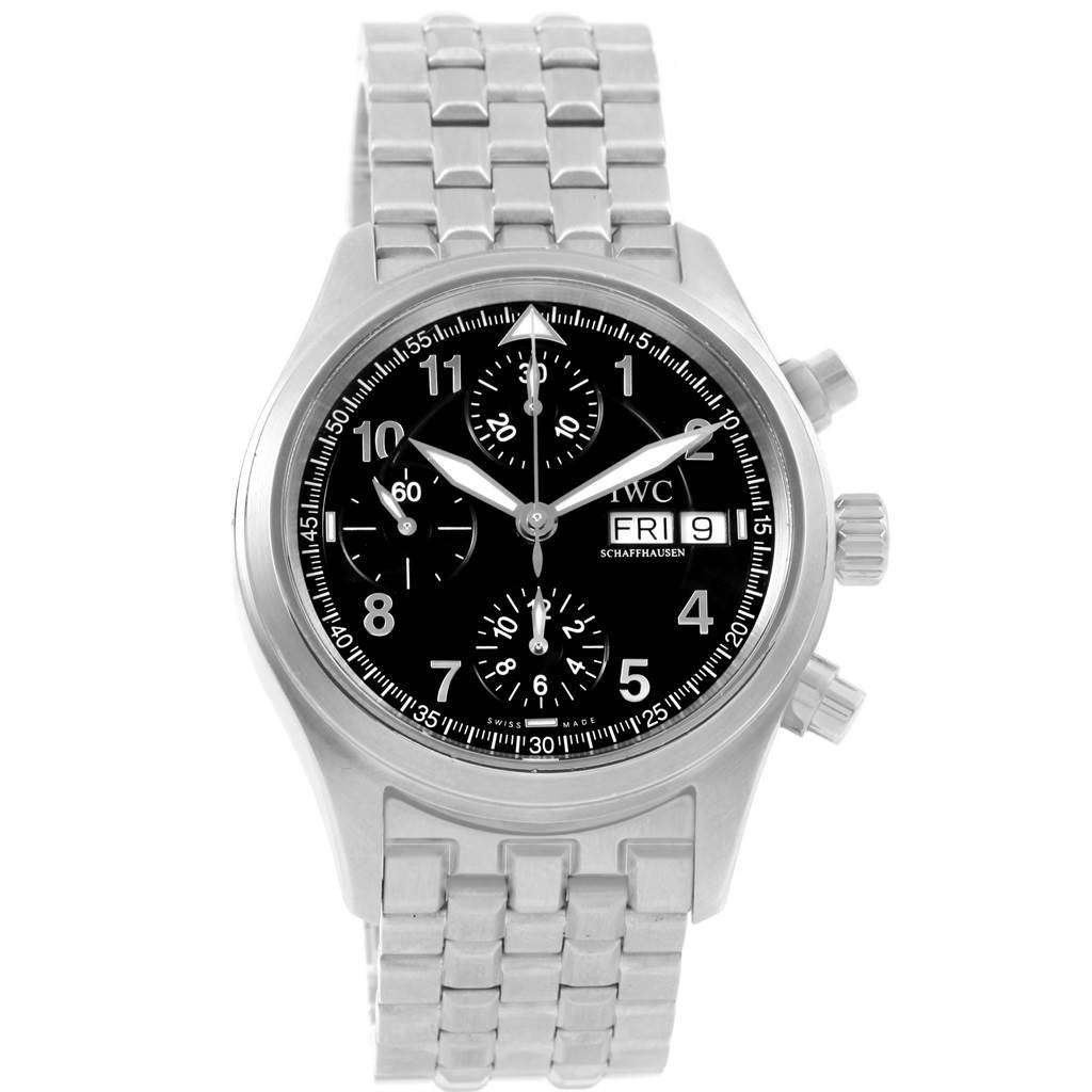 This image shows a front view of the IWC Pilot IW370618 Men's Stainless Steel Black Dial IW370618 Men's Stainless Steel Black Dial's watch, highlighting its dial, chronograph subdials, and metal bracelet.