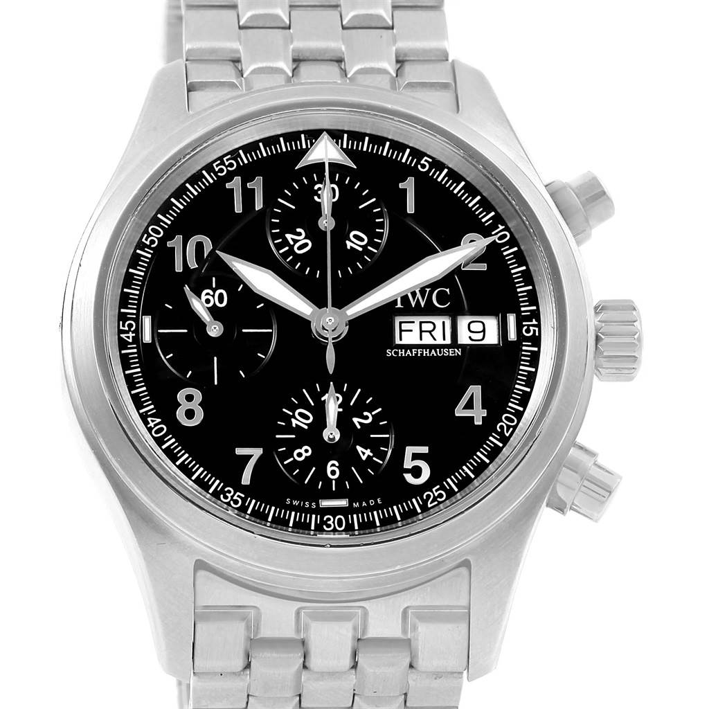 The image shows a frontal view of an IWC Pilot IW370618 Men's Stainless Steel Black Dial IW370618 Men's Stainless Steel Black Dial model watch, displaying its black dial, chronograph sub-dials, day-date function, and stainless steel bracelet.