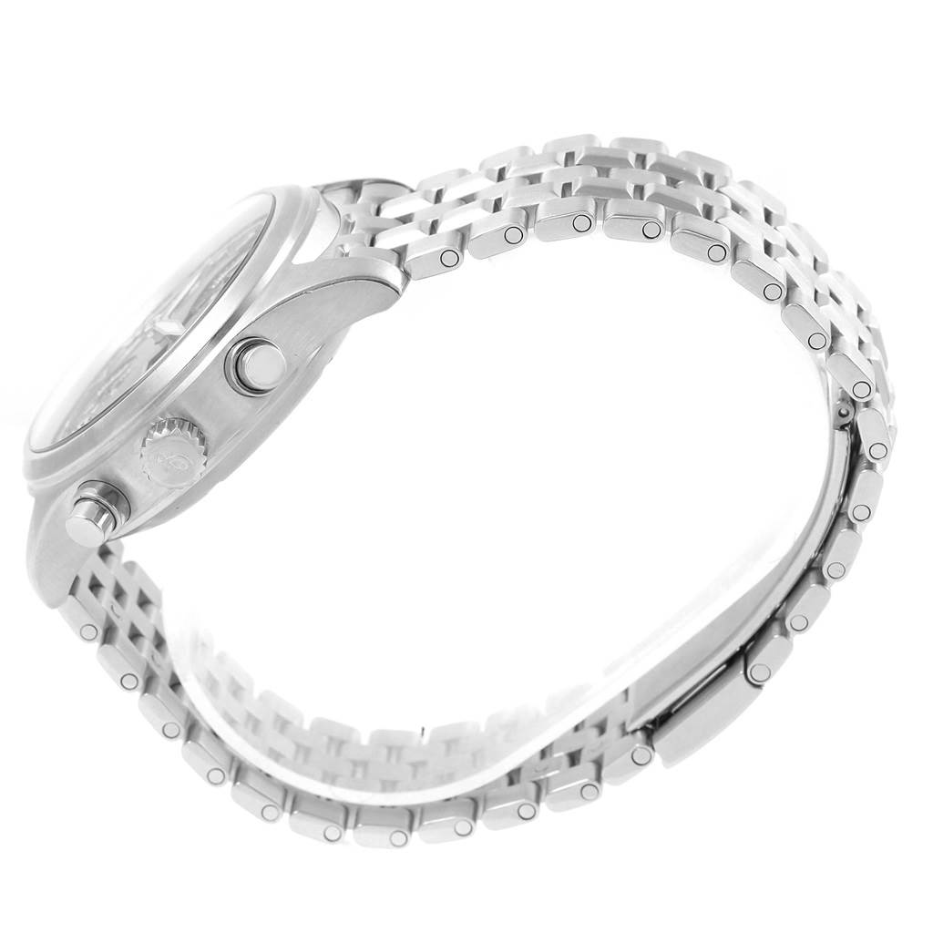 The image shows a side view of the IWC Pilot IW370618 Men's Stainless Steel Black Dial IW370618 Men's Stainless Steel Black Dial model watch, highlighting its crown, pushers, and metal bracelet.