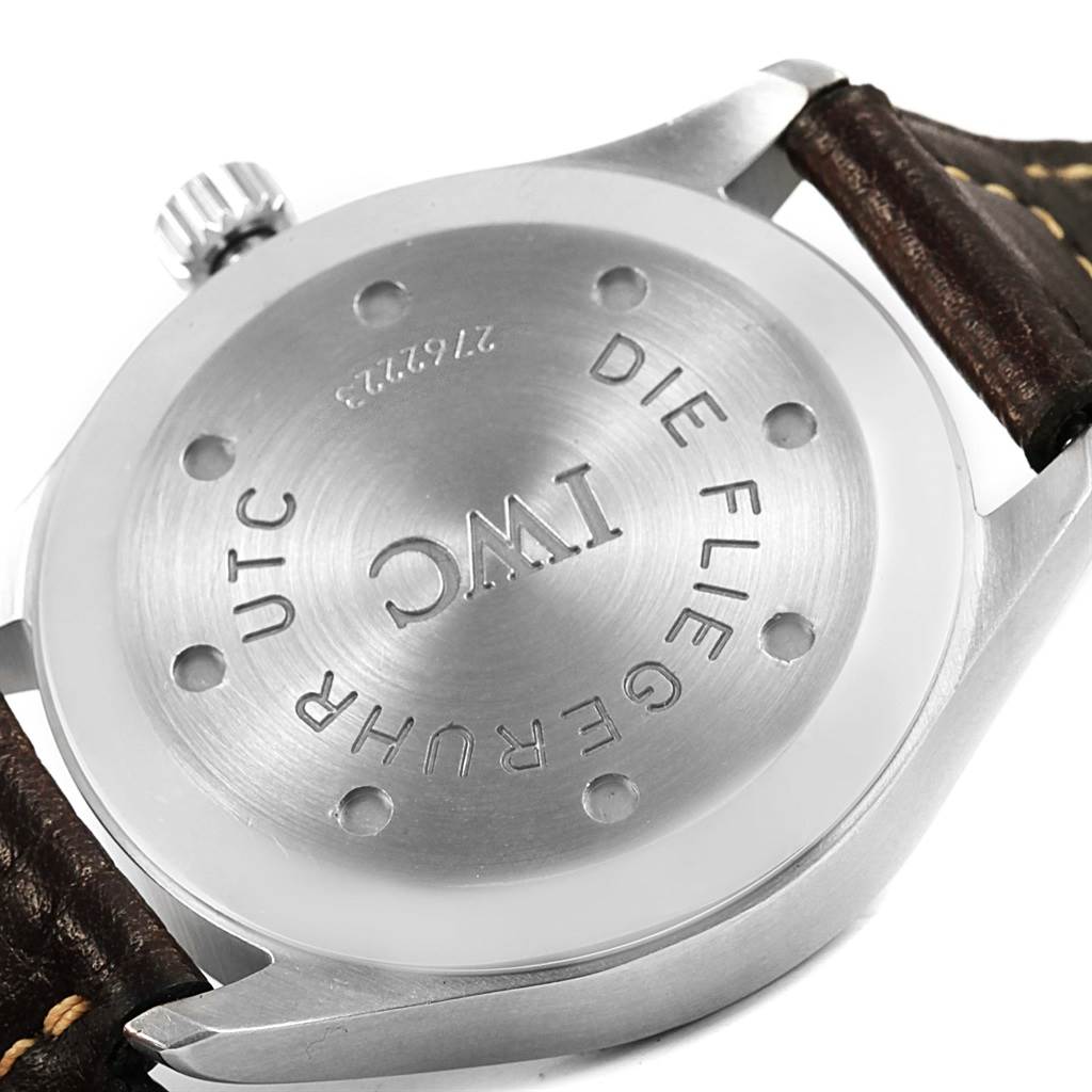 The image shows the back case and strap of an IWC Pilot IW325102 Men's Stainless Steel Black Dial IW325102 Men's Stainless Steel Black Dial watch.