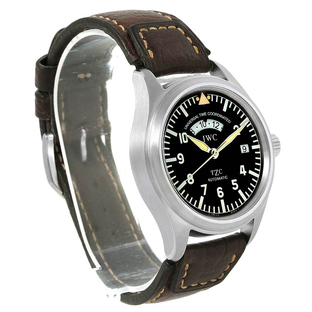 The IWC Pilot IW325102 Men's Stainless Steel Black Dial IW325102 Men's Stainless Steel Black Dial watch is shown at a three-quarter angle, displaying the dial, case, and leather strap.