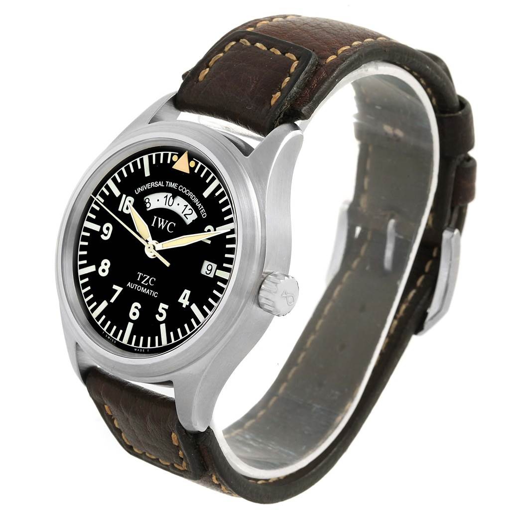 This IWC Pilot IW325102 Men's Stainless Steel Black Dial IW325102 Men's Stainless Steel Black Dial watch model is shown from a slight side angle, displaying the face, crown, and brown leather strap.