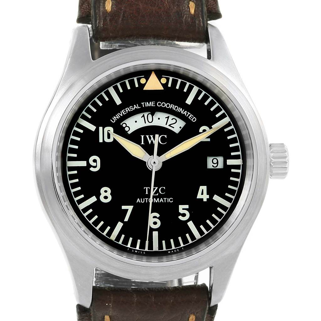 The image shows the front view of an IWC Pilot IW325102 Men's Stainless Steel Black Dial IW325102 Men's Stainless Steel Black Dial model watch, highlighting its dial, hands, and date window.