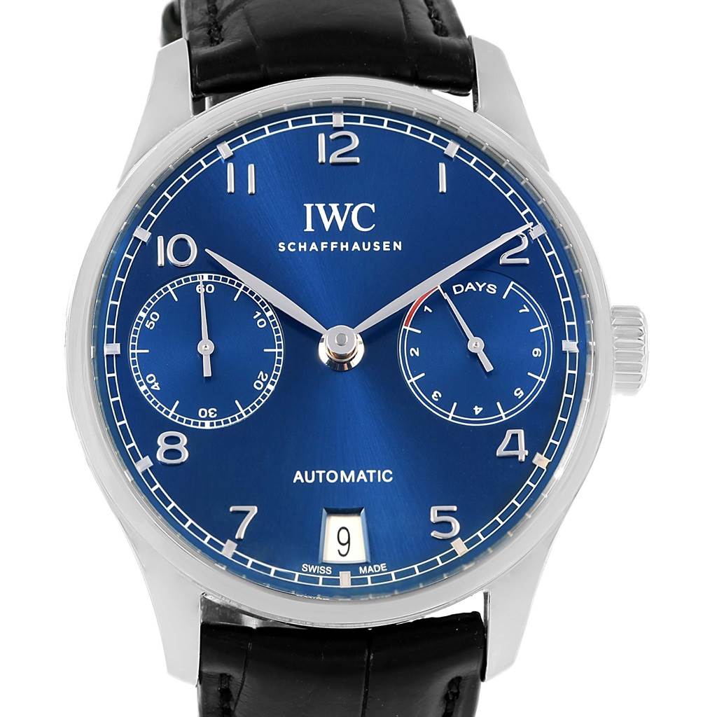 This image shows a front view of an IWC Portuguese IW500710 Men's Stainless Steel Blue Dial IW500710 Men's Stainless Steel Blue Dial model watch with a blue dial and black leather strap.