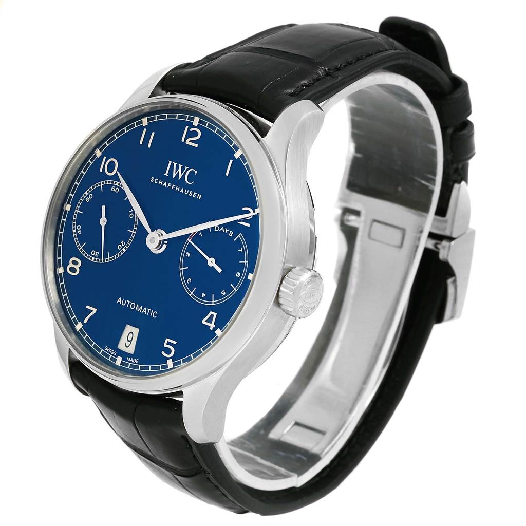 This image shows an IWC Portuguese IW500710 Men's Stainless Steel Blue Dial IW500710 Men's Stainless Steel Blue Dial watch with a blue dial, silver case, and black leather strap taken from a slightly angled front view.