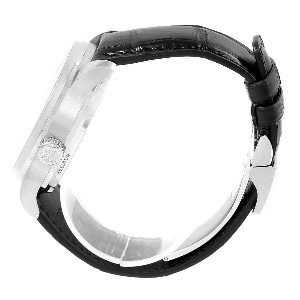 The image shows a side view of the IWC Portuguese IW500710 Men's Stainless Steel Blue Dial IW500710 Men's Stainless Steel Blue Dial model watch, focusing on the crown, casing, and a portion of the strap.