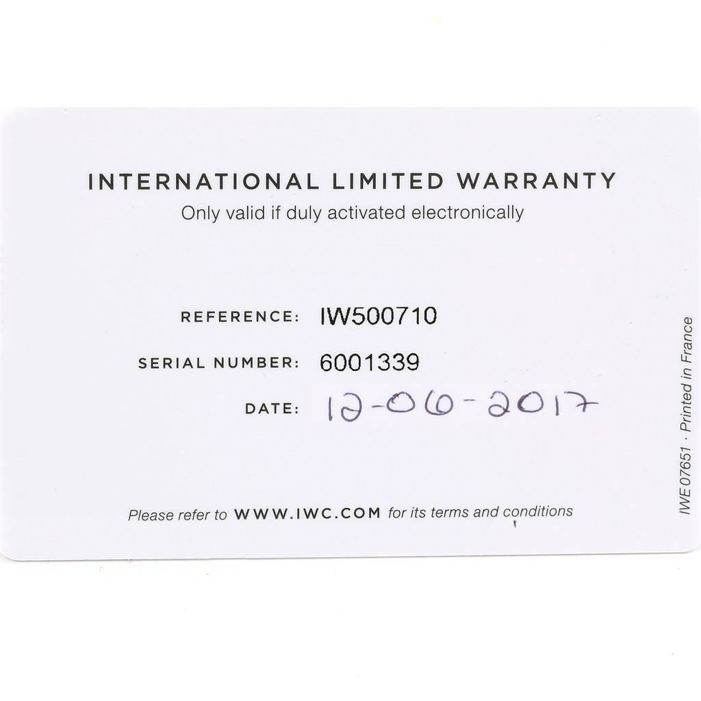 This image shows the International Limited Warranty card for the IWC Portuguese IW500710 Men's Stainless Steel Blue Dial IW500710 Men's Stainless Steel Blue Dial model IW500710.