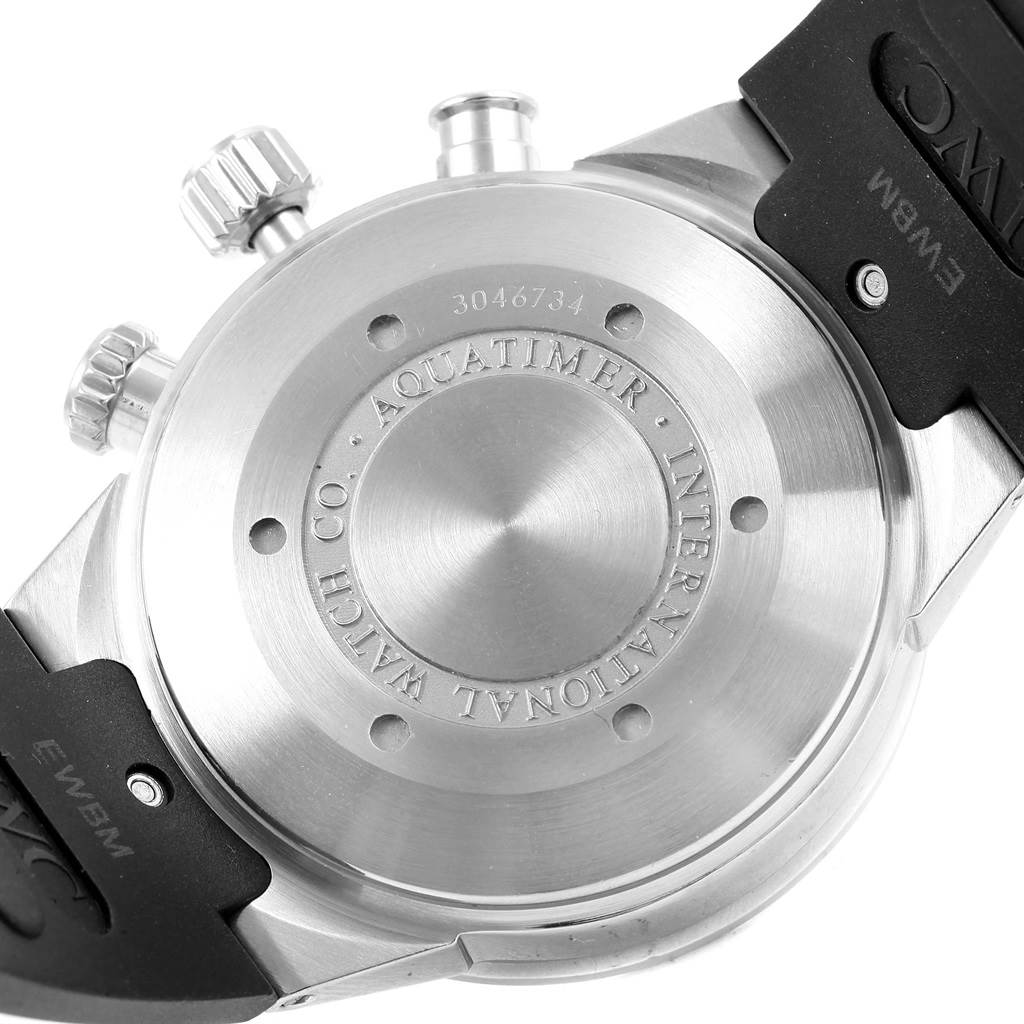 This image shows the back and side of the IWC Aquatimer IW371933 Men's Stainless Steel Black Dial IW371933 Men's Stainless Steel Black Dial watch, highlighting the case back, pushers, and part of the strap.