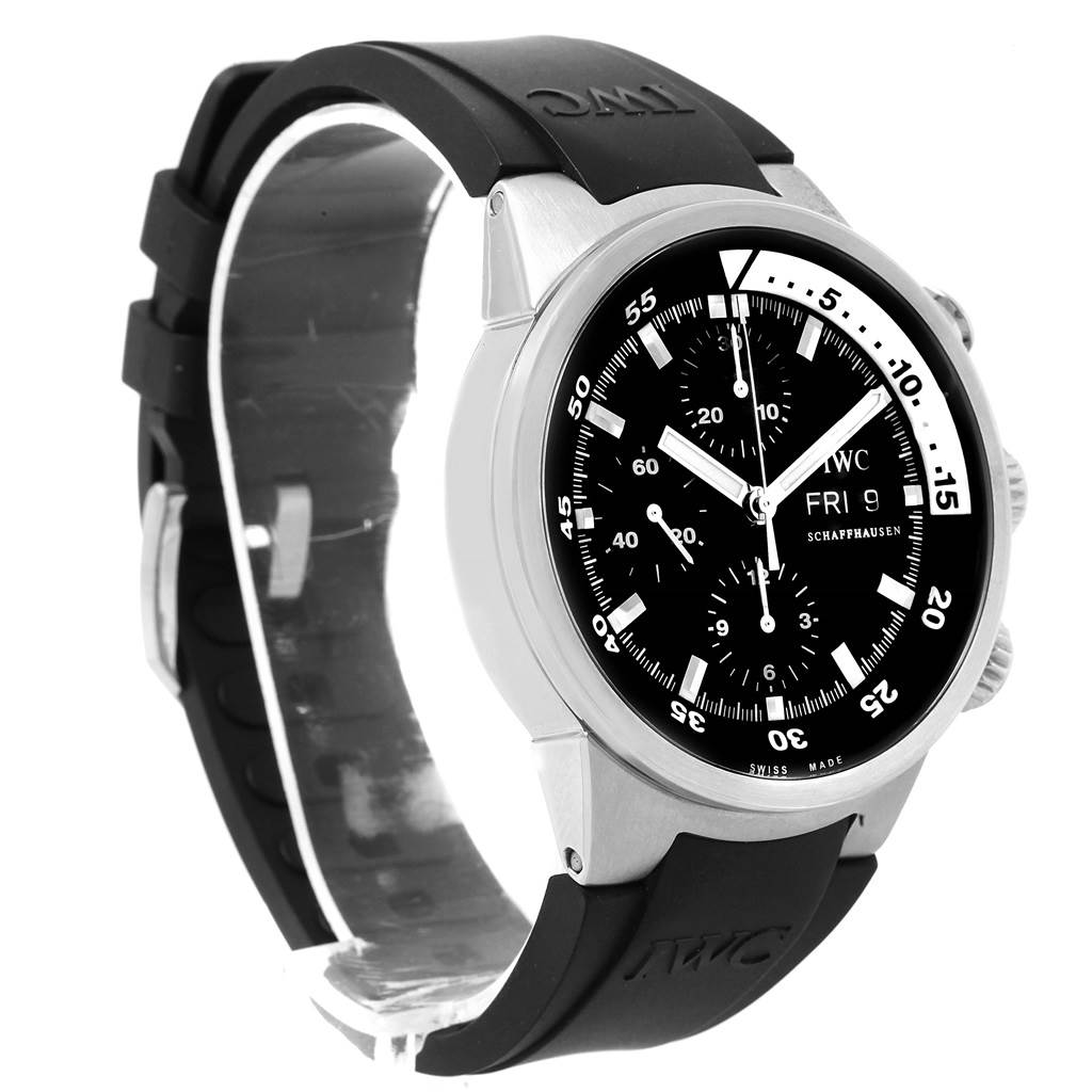 The IWC Aquatimer IW371933 Men's Stainless Steel Black Dial IW371933 Men's Stainless Steel Black Dial watch is shown at a three-quarter angle, highlighting its face, bezel, crown, and rubber strap.