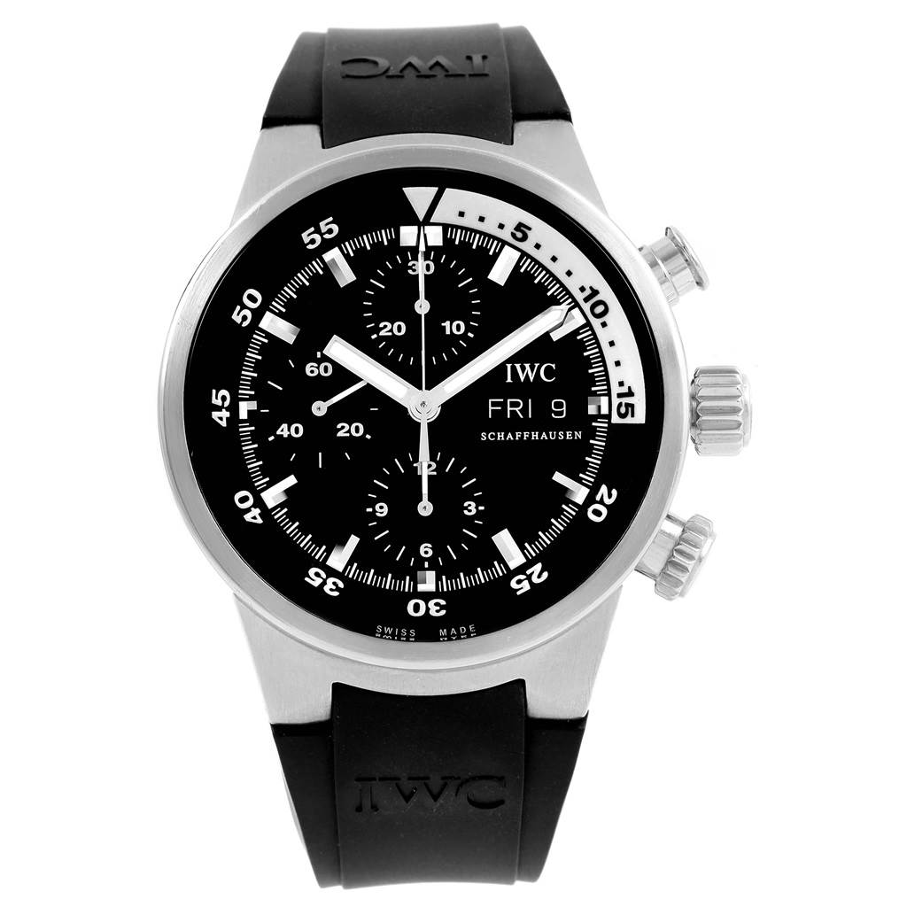 The image shows a front angle view of the IWC Aquatimer IW371933 Men's Stainless Steel Black Dial IW371933 Men's Stainless Steel Black Dial watch, displaying its face, two pushers, crown, and black rubber strap.