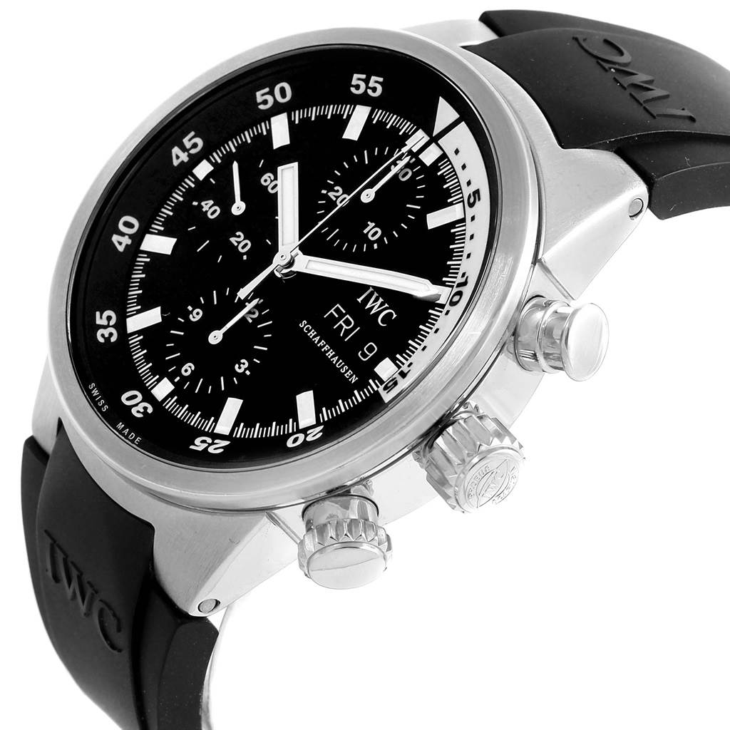 The image shows the IWC Aquatimer IW371933 Men's Stainless Steel Black Dial IW371933 Men's Stainless Steel Black Dial watch at an angled view displaying the face, chronograph dials, bezel, and side buttons.