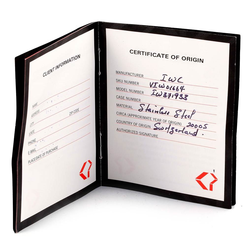 The image shows the Certificate of Origin and Client Information booklet for the IWC Aquatimer IW371933 Men's Stainless Steel Black Dial IW371933 Men's Stainless Steel Black Dial watch model.