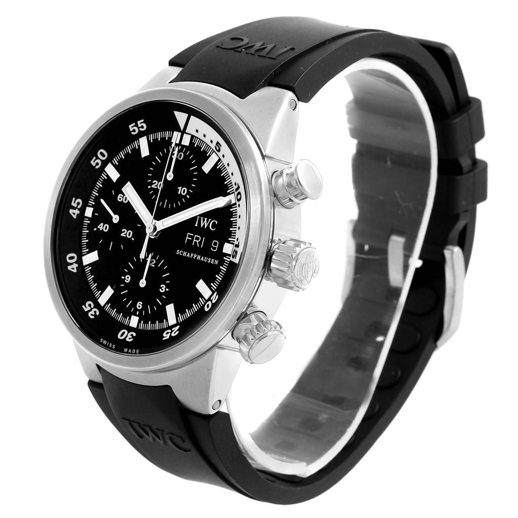 The IWC Aquatimer IW371933 Men's Stainless Steel Black Dial IW371933 Men's Stainless Steel Black Dial watch is shown at a slight angle, displaying its black dial, chronograph sub-dials, and rubber strap.