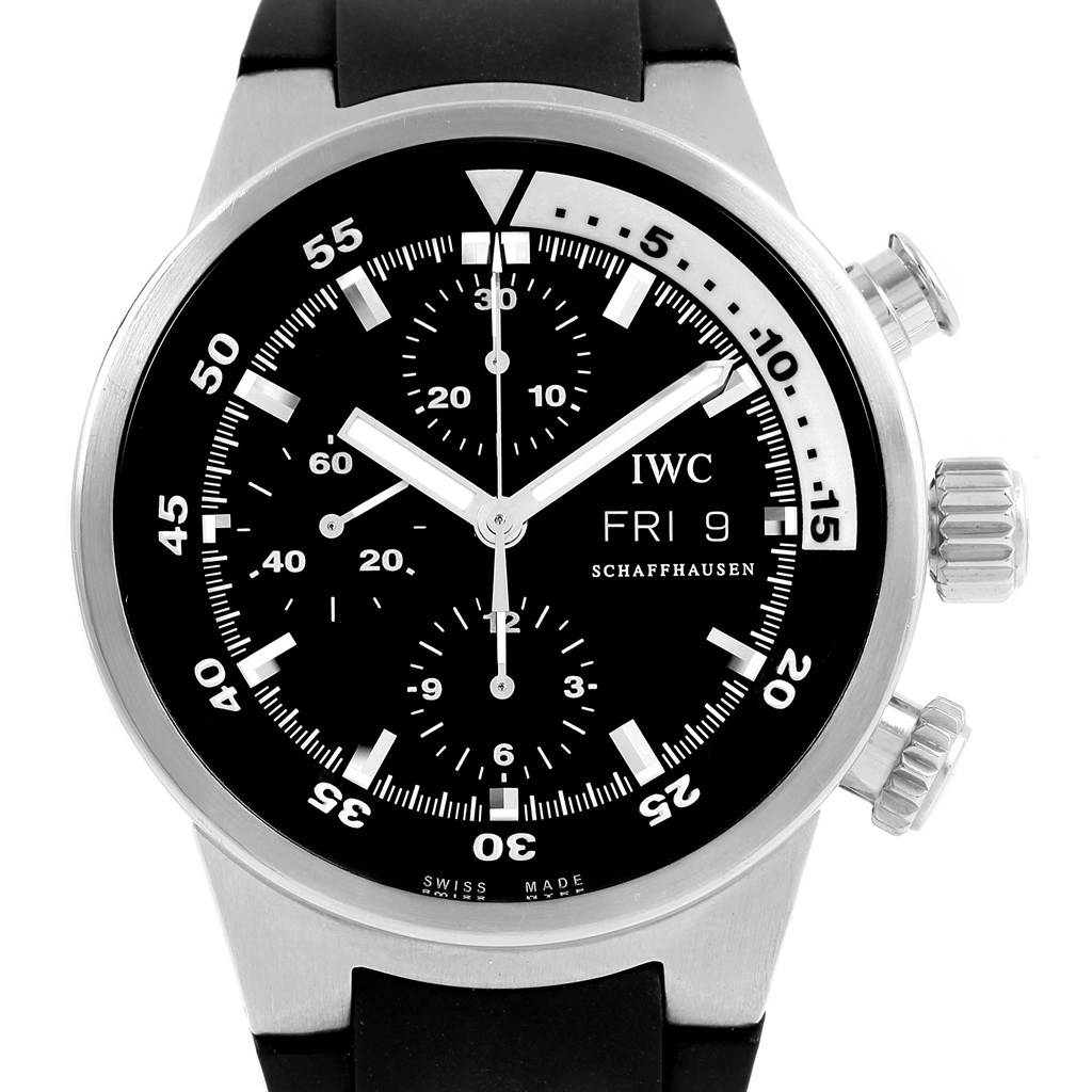 This IWC Aquatimer IW371933 Men's Stainless Steel Black Dial IW371933 Men's Stainless Steel Black Dial model watch is shown from the front, displaying its dial, hands, subdials, and crown.
