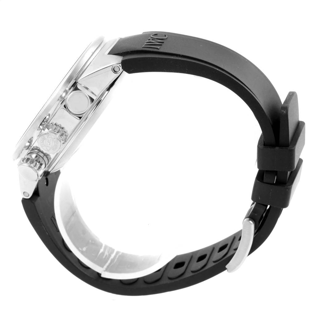 Side view of the IWC Aquatimer IW371933 Men's Stainless Steel Black Dial IW371933 Men's Stainless Steel Black Dial watch, showing the crown, case, and black rubber strap.