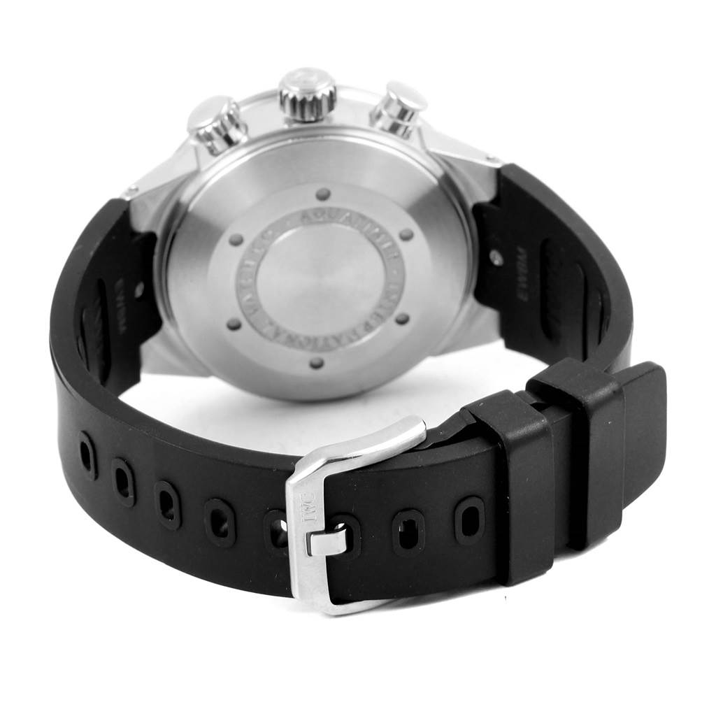 The image shows the back view of an IWC Aquatimer IW371933 Men's Stainless Steel Black Dial IW371933 Men's Stainless Steel Black Dial watch, highlighting the stainless steel case back, the crown, pushers, and the rubber strap with the buckle.