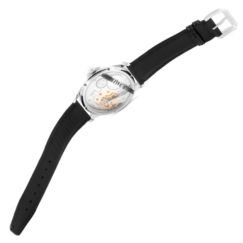 The image shows the IWC Portuguese IW545407 Men's Stainless Steel Black Dial IW545407 Men's Stainless Steel Black Dial model watch from a top angle, highlighting its face, strap, and crown.