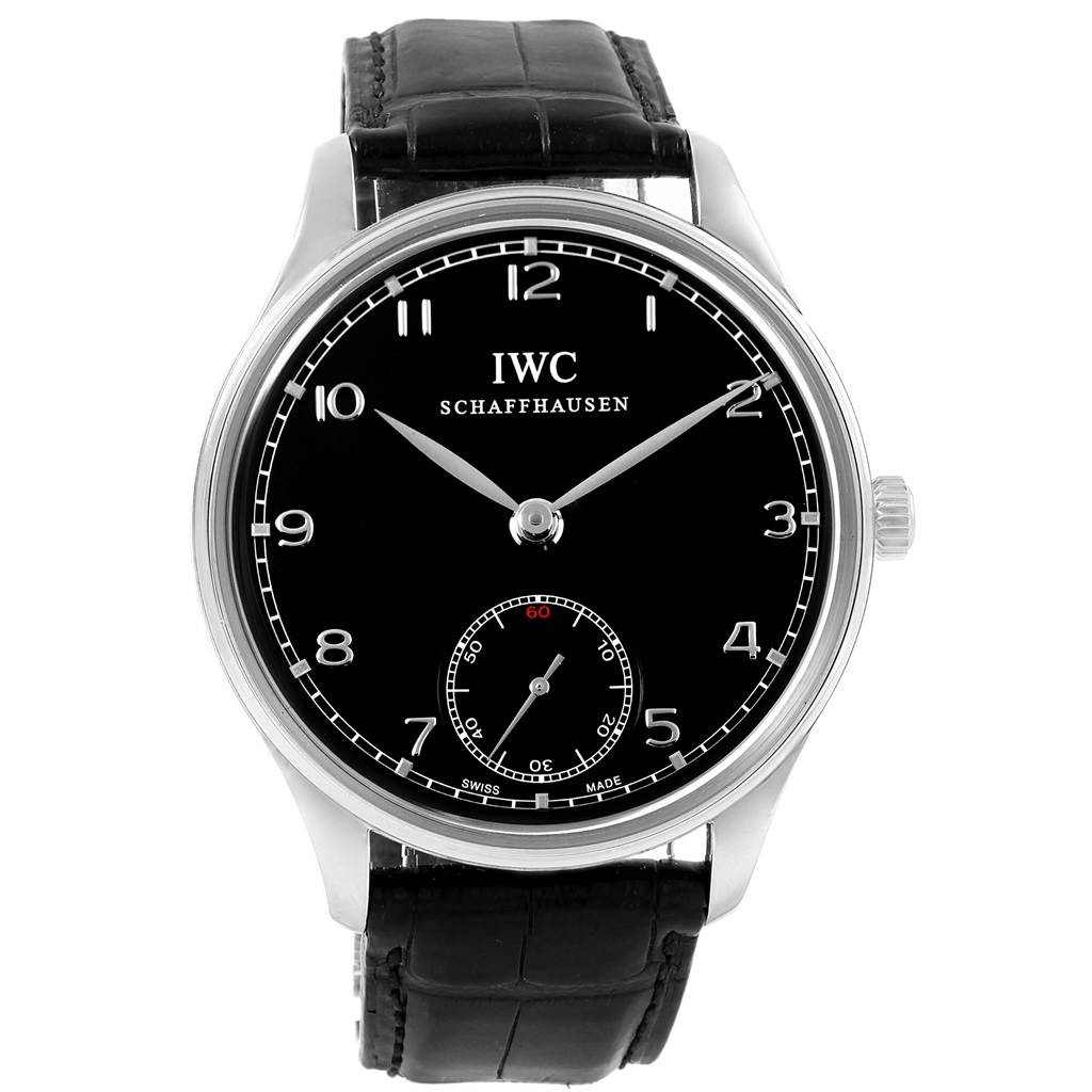 The image shows a front view of an IWC Portuguese IW545407 Men's Stainless Steel Black Dial IW545407 Men's Stainless Steel Black Dial model watch with a black dial and black leather strap.