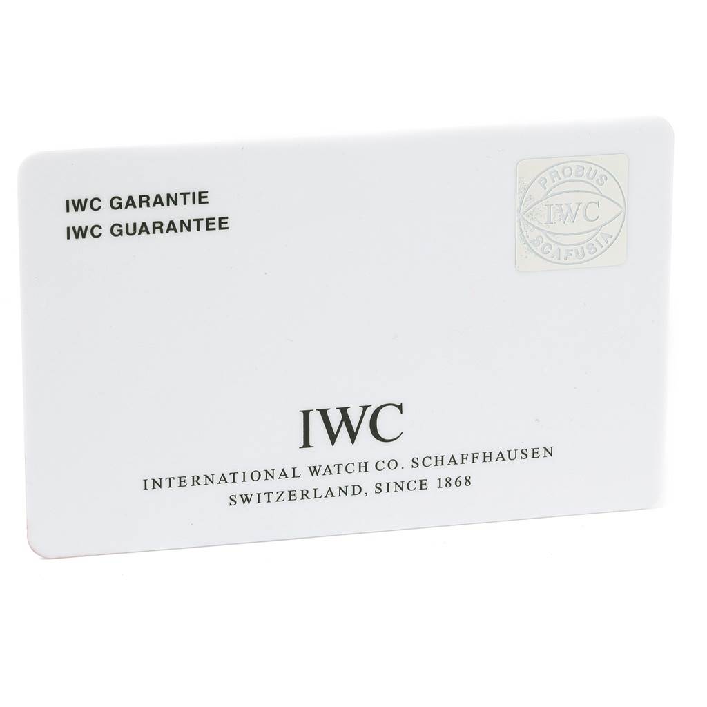 A guarantee card for the IWC Portuguese IW545407 Men's Stainless Steel Black Dial IW545407 Men's Stainless Steel Black Dial model is shown at an angled perspective.