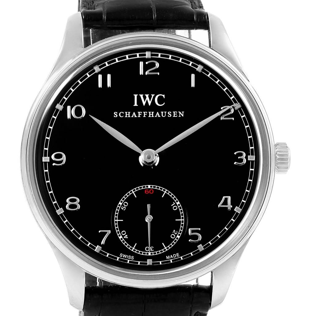 This image shows a frontal view of the IWC Portuguese IW545407 Men's Stainless Steel Black Dial IW545407 Men's Stainless Steel Black Dial watch with the black dial, numbers, and hands clearly visible.