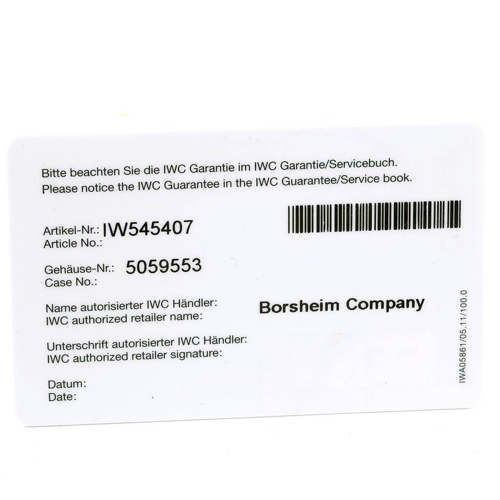 This image shows the warranty card for an IWC Portuguese IW545407 Men's Stainless Steel Black Dial IW545407 Men's Stainless Steel Black Dial model watch, providing article and case numbers, and authorized retailer information.