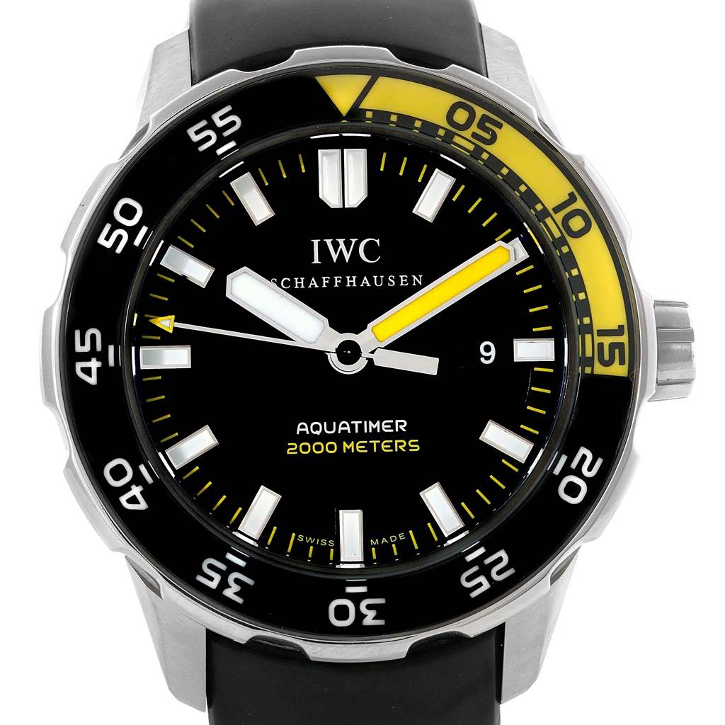 The IWC Aquatimer IW356808 Men's Stainless Steel Black Dial IW356808 Men's Stainless Steel Black Dial watch is shown from a frontal angle, displaying the dial, hands, bezel, and part of the strap.