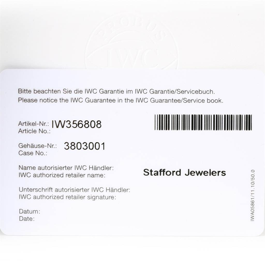 This image shows the guarantee card for the IWC Aquatimer IW356808 Men's Stainless Steel Black Dial IW356808 Men's Stainless Steel Black Dial watch, detailing the article and case numbers, and authorized dealer information.