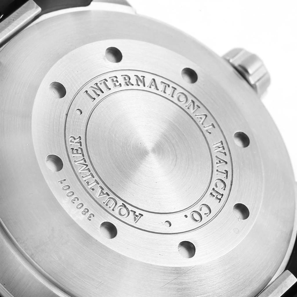 This image shows the back case of an IWC Aquatimer IW356808 Men's Stainless Steel Black Dial IW356808 Men's Stainless Steel Black Dial watch, highlighting the engraved brand name and model.