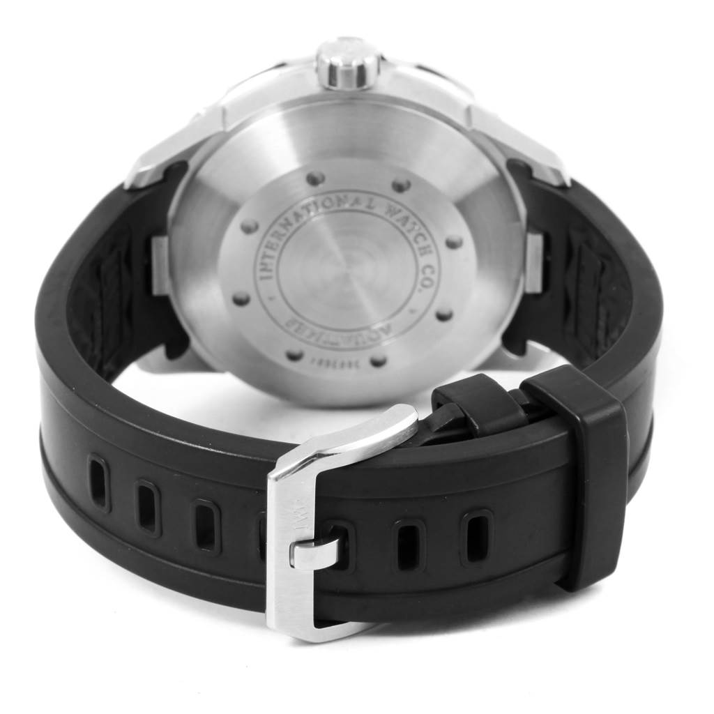 This image shows the back case and black rubber strap of the IWC Aquatimer IW356808 Men's Stainless Steel Black Dial IW356808 Men's Stainless Steel Black Dial watch from an angled rear view.