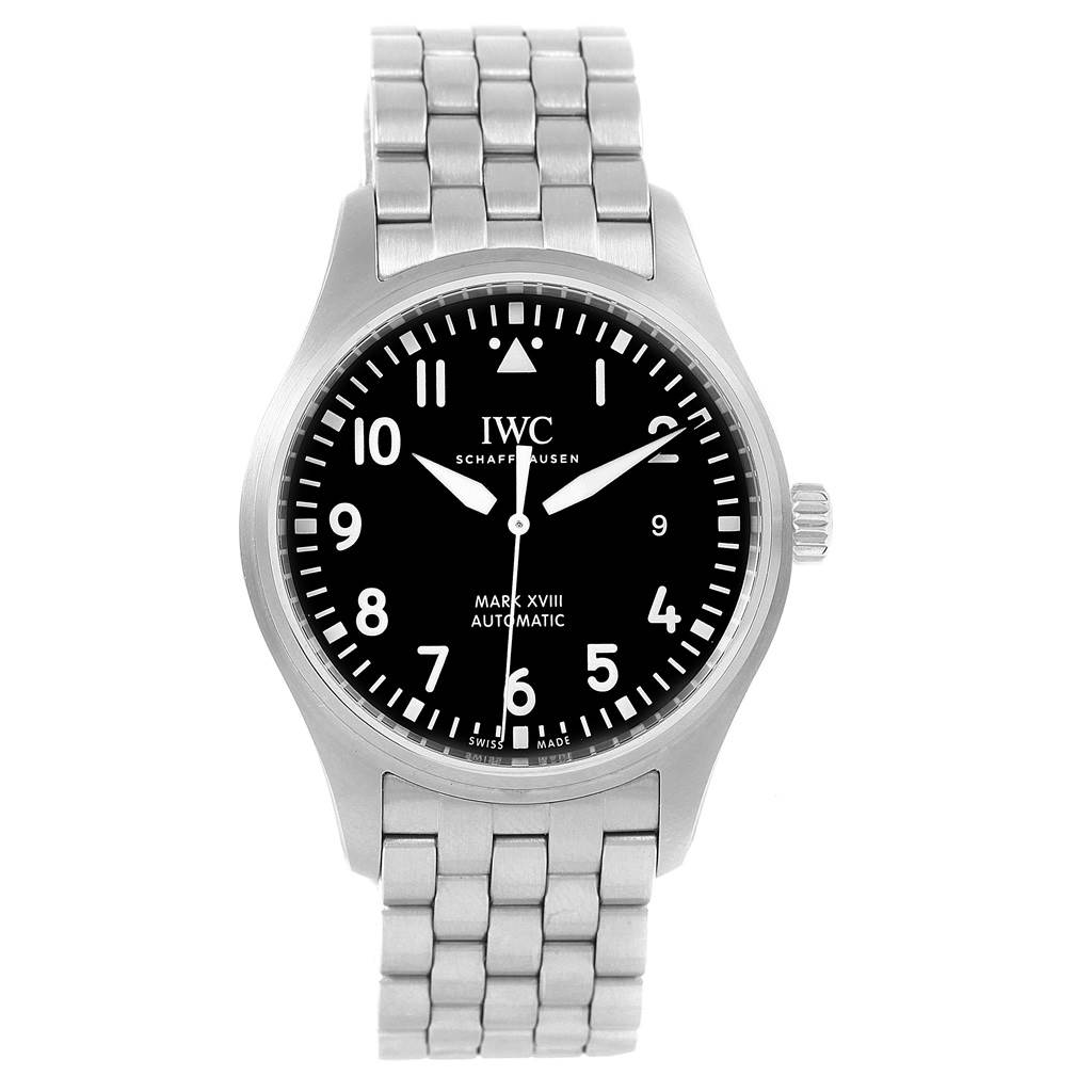 The image shows a front view of the Pilot Mark XVIII watch by IWC, highlighting the dial and bracelet.