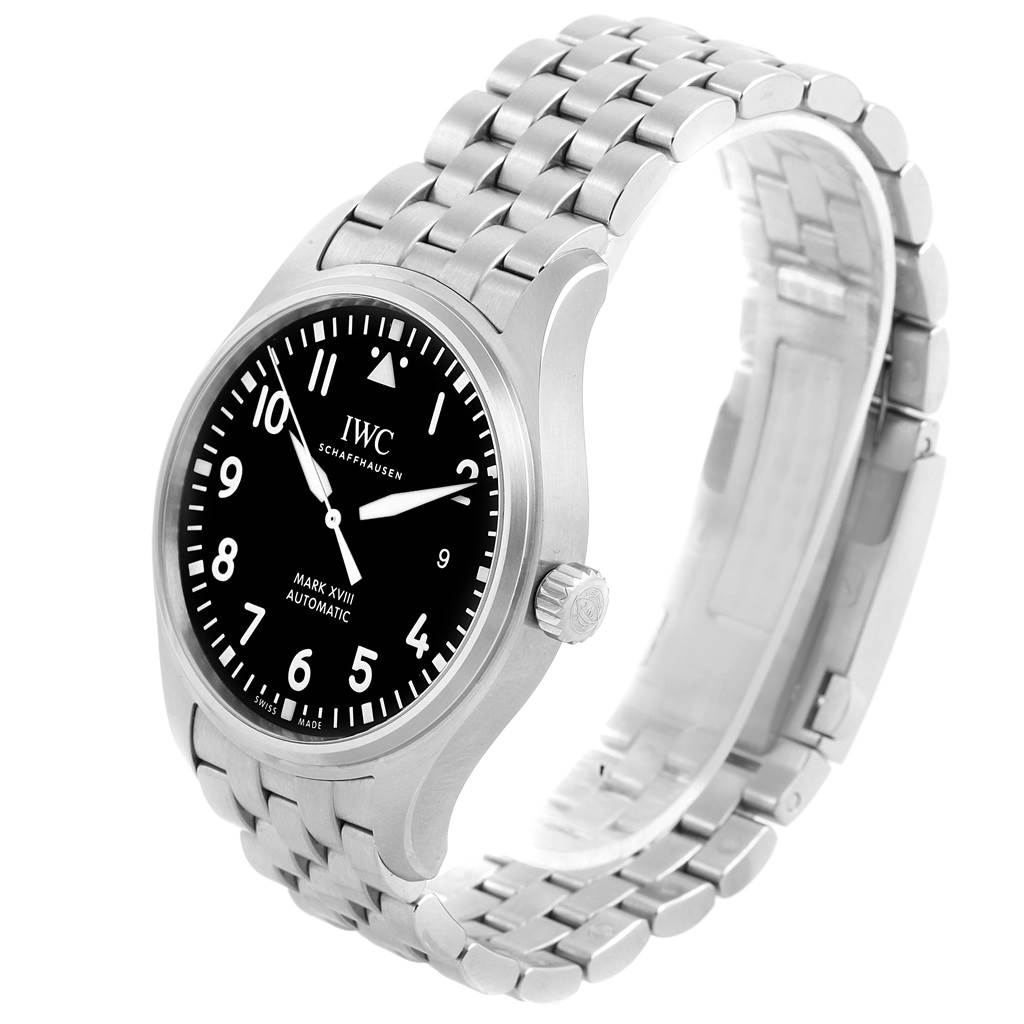 The IWC Pilot IW327011 Men's Stainless Steel Black Dial IW327011 Men's Stainless Steel Black Dial Mark XVIII is shown from an angled view, highlighting its face, bezel, and stainless steel bracelet.