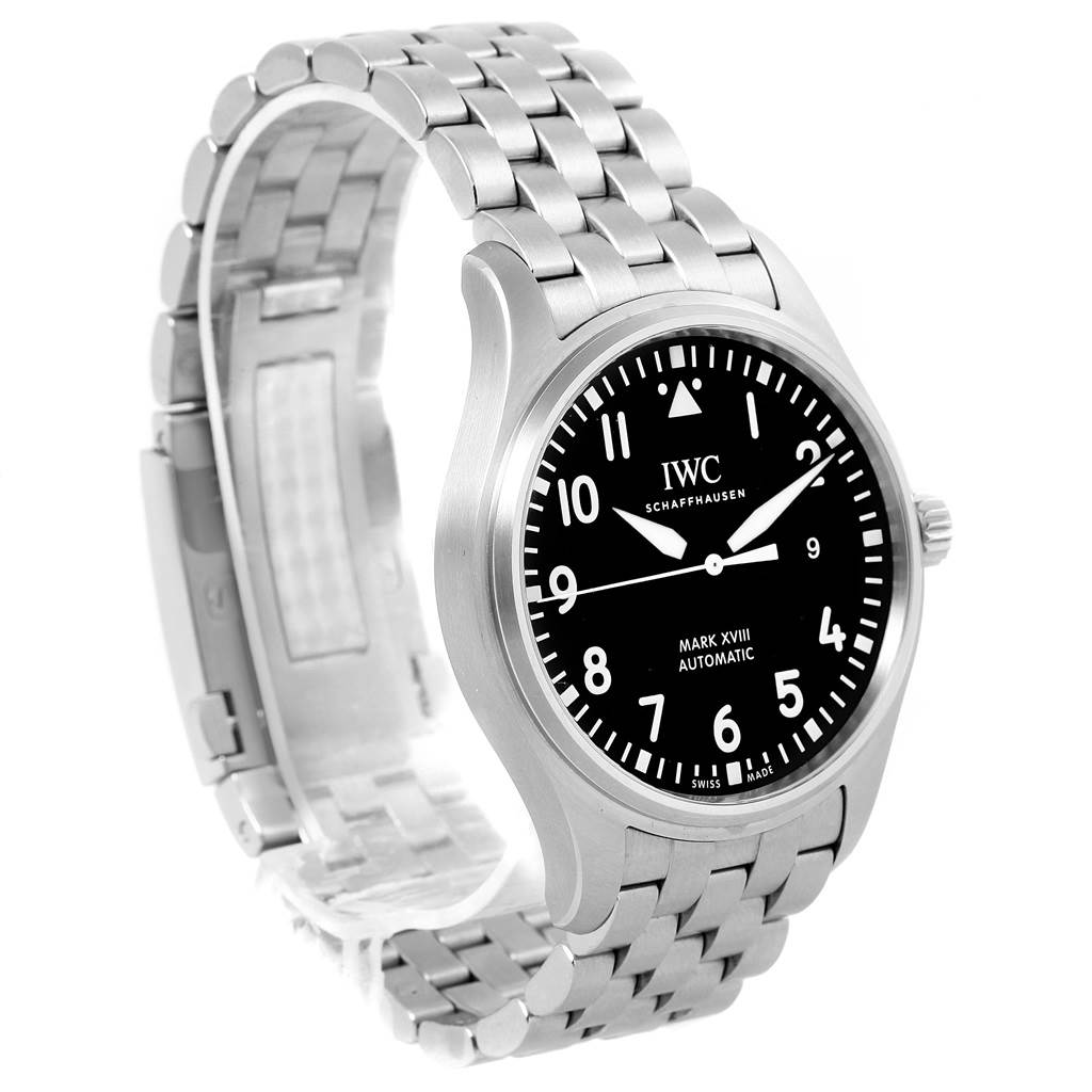 The image displays a front and side view of the IWC Pilot IW327011 Men's Stainless Steel Black Dial IW327011 Men's Stainless Steel Black Dial Mark XVIII Automatic watch, showcasing its dial, bracelet, and clasp.