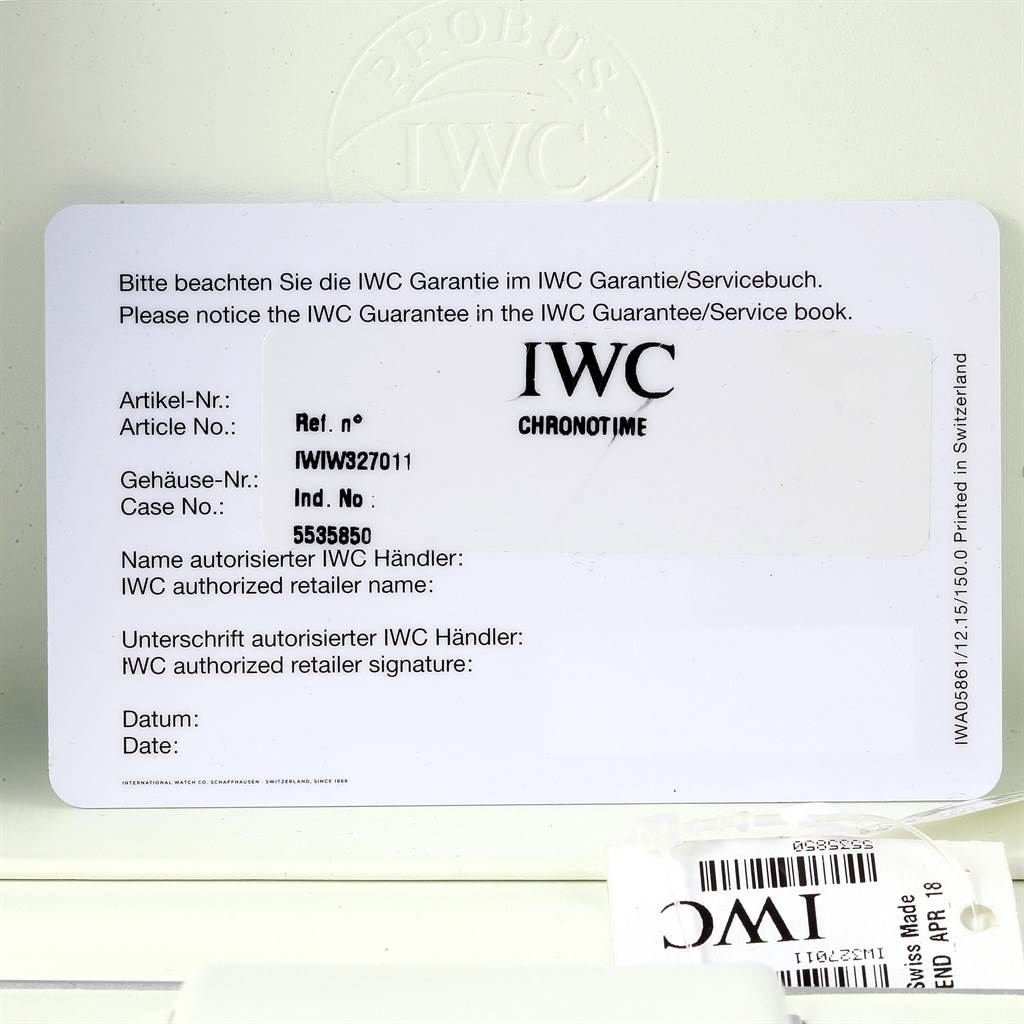 The image shows the guarantee card for the IWC Pilot IW327011 Men's Stainless Steel Black Dial IW327011 Men's Stainless Steel Black Dial model watch, with article and case numbers visible.