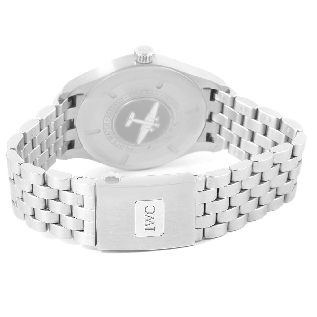 The image shows the back and clasp of an IWC Pilot IW327011 Men's Stainless Steel Black Dial IW327011 Men's Stainless Steel Black Dial model watch, highlighting its metal bracelet and case back.