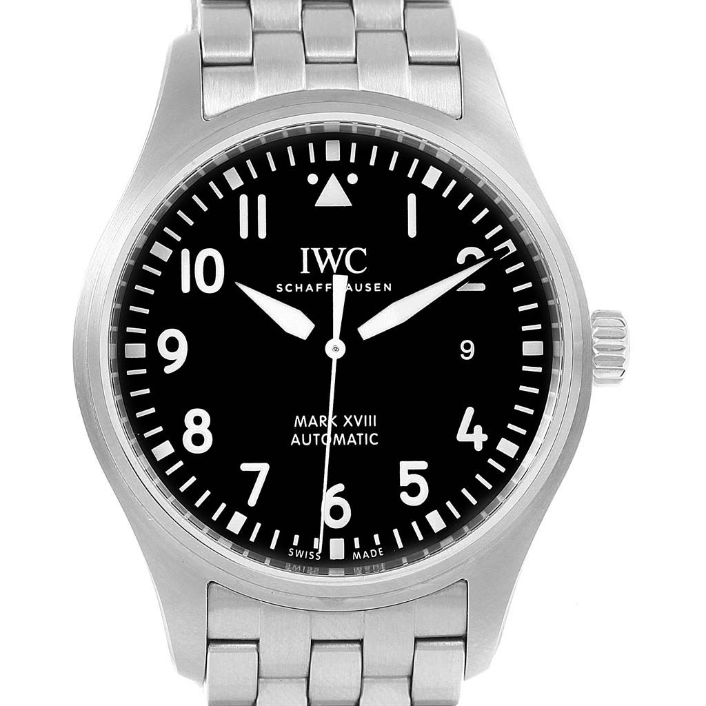 The image shows a front view of the IWC Pilot IW327011 Men's Stainless Steel Black Dial IW327011 Men's Stainless Steel Black Dial Mark XVIII watch, displaying the watch face, bezel, and part of the metal bracelet.