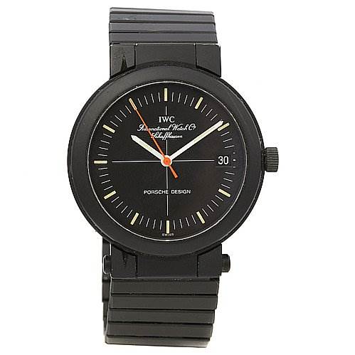 This image shows a front-facing view of the Vintage IWC Porsche Design watch, including its dial, hands, and part of the bracelet.