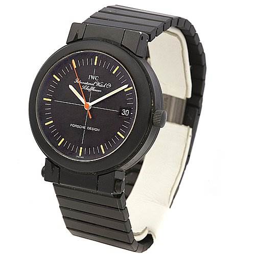 The image shows a frontal view of the IWC Vintage Men's Stainless Steel Black Dial Men's Stainless Steel Black Dial watch, detailing the dial, hands, date window, and black metal bracelet.