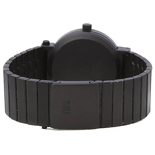 This image shows the back of a Vintage IWC watch, highlighting its black metal bracelet and clasp.