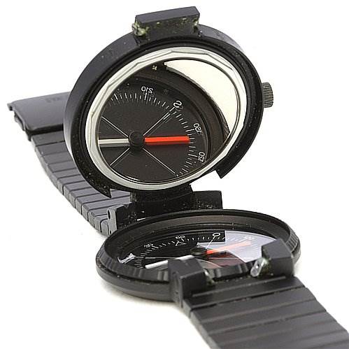 This image shows the IWC Vintage Men's Stainless Steel Black Dial Men's Stainless Steel Black Dial watch with its case opened, revealing the black dial and red hands.