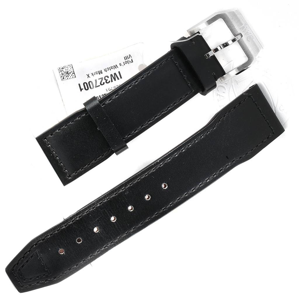 The image shows two black leather straps of the Pilot model by IWC, including the buckle and holes for adjustment.