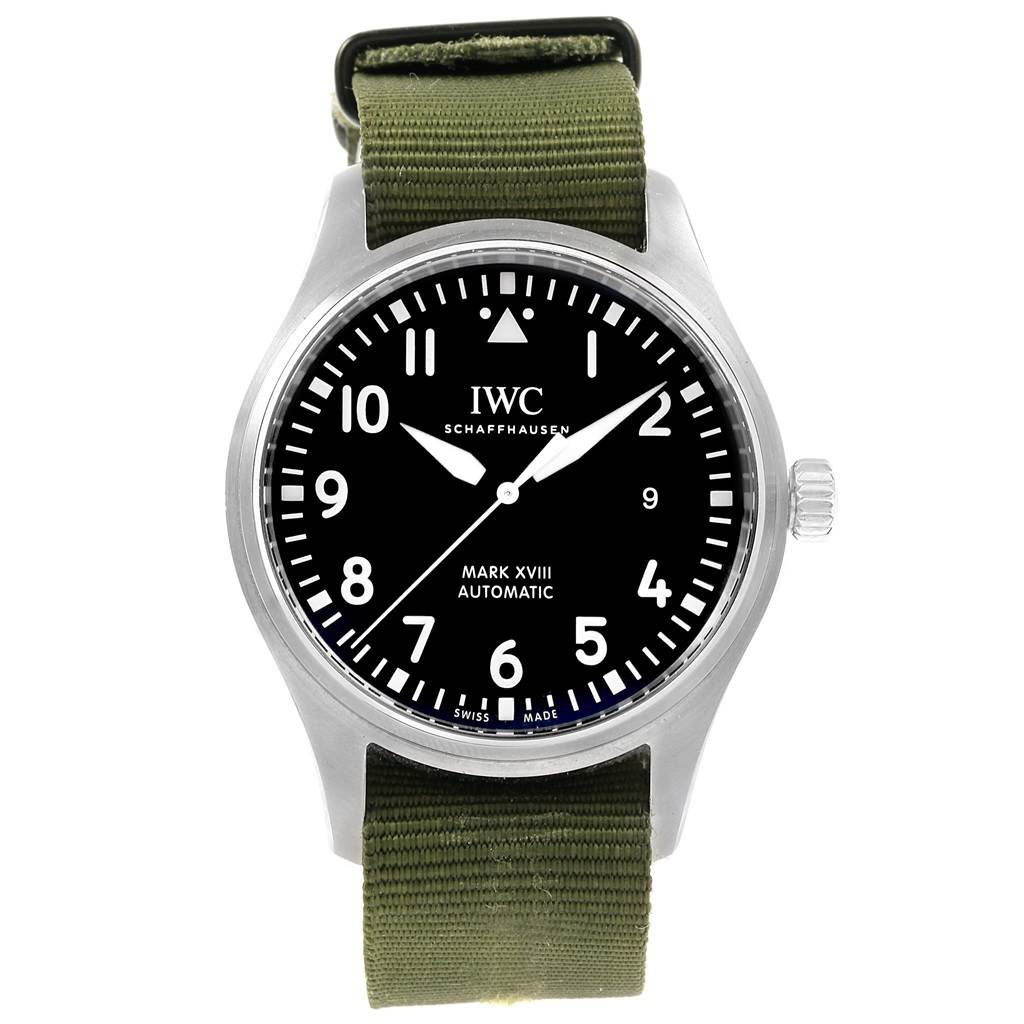This image shows the front view of an IWC Pilot IW327011 Men's Stainless Steel Black Dial IW327011 Men's Stainless Steel Black Dial Mark XVIII watch with a green fabric strap.